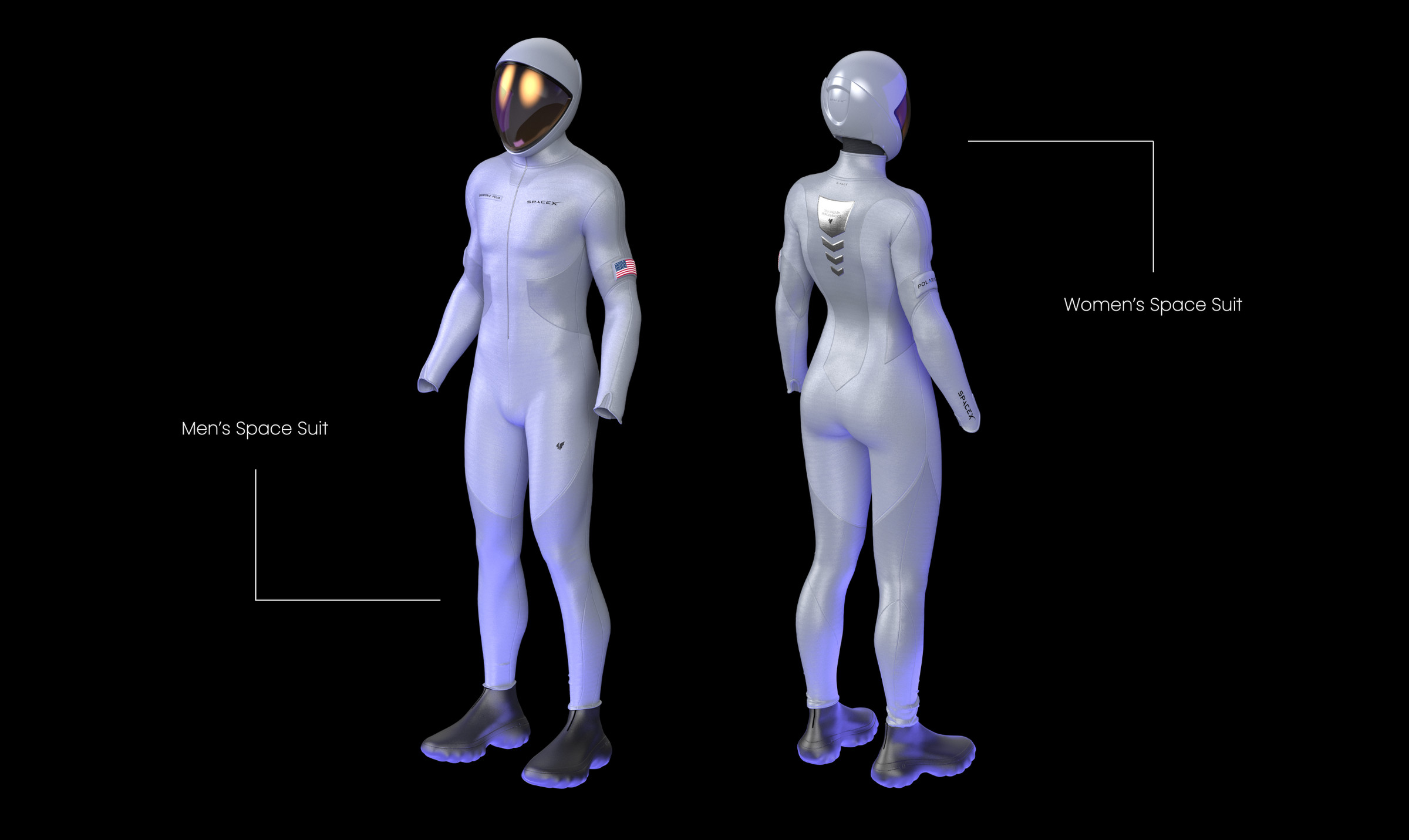 Men's and women's space suits, front and back