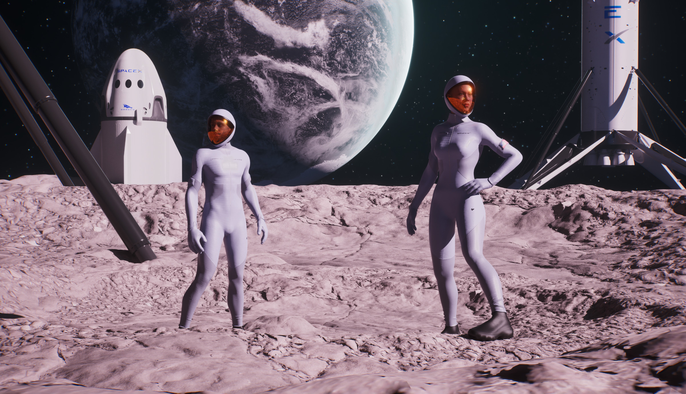 Two travelers in X-PACE space suits on the Moon